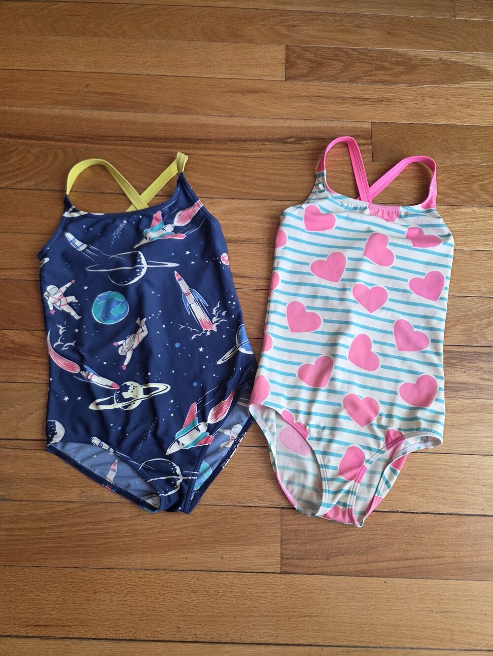 Mini Biden One-Piece Swimsuits in Navy Space & Pink Heart Prints Size 9-10